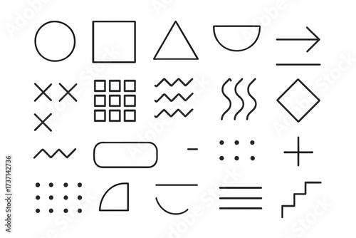 Big set of minimalist geometric shapes. Abstract line vector elements for web design. Memphis style retro 80s 90s basic figures. Universal simple icons for modern design.