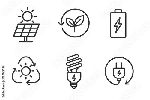 Solar energy icon set in line style. Renewable green power concept. Vector collection of symbols. Solar panel, battery, sun, eco friendly leaf, energy saving lamp, electric plug.