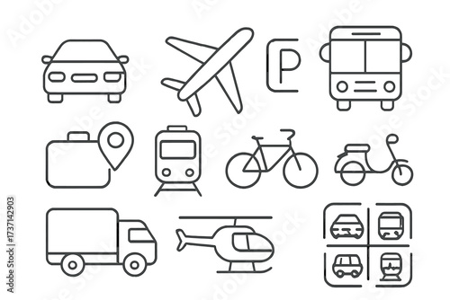 Transport and vehicle web icons in line style. Car, airplane, bus, parking, travel, train, bike, scooter, truck, helicopter vector collection for ui, ux and web design.