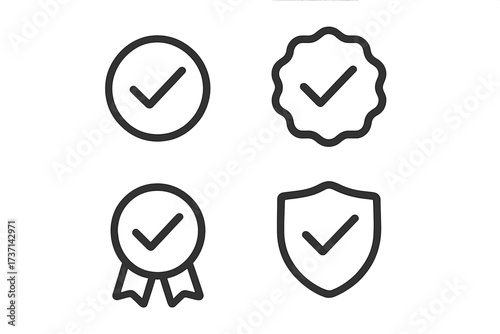 Verification badge icon set. Check mark for approved profile, quality guarantee and security. Certified seal, award ribbon and protection shield. Vector success symbol.