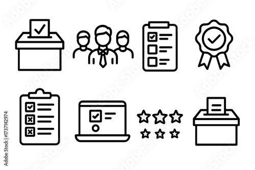 Voting and election line icon set. Vector collection for polls. Includes ballot box, candidates, survey form, online voting, feedback rating, and approval award symbols.