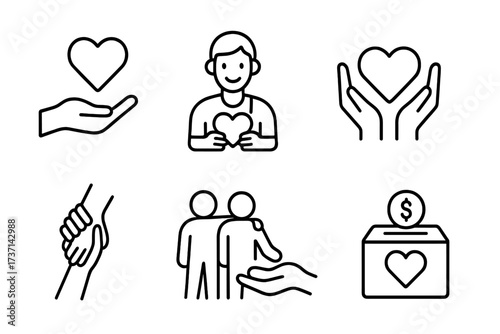 Volunteering and charity web icon set in line style. Donate, donor, care, help, and support symbols. Vector graphic collection for community, love, giving, and humanity.