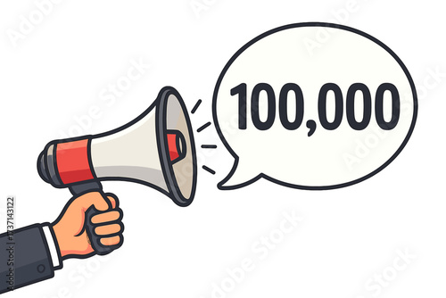 Hand with megaphone and 100k speech bubble. Celebration of 100000 followers, likes or subscribers. Social media marketing milestone. Business goal achievement announcement.