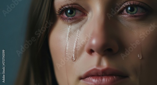 Close-up of a woman with tears streaming down her face