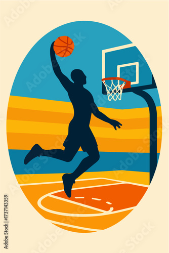 Basketball Player Slam Dunk At Hoop Athletic Urban Court Silhouette