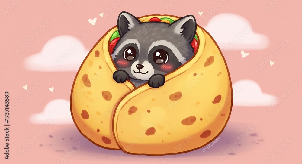 Fototapeta premium Adorable baby raccoon lovingly snuggled in a warm tortilla wrap with charming kawaii style big eyes on a soft pink background. AI Generated