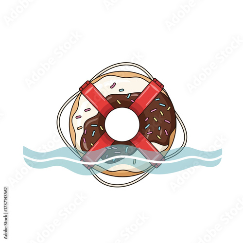 Vector illustration of a chocolate frosted donut with sprinkles acts as a life preserver floating in wavy water