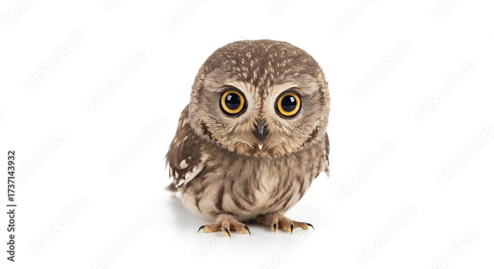 Obraz premium Adorable fluffy owlet with huge golden eyes gazes intently forward on a bright clean white background. AI Generated