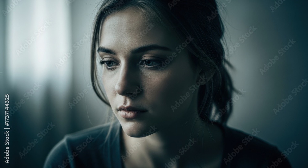 Fototapeta premium A close-up portrait of a young woman with a pensive expression, her gaze directed downwards, illuminated by soft, ambient light.