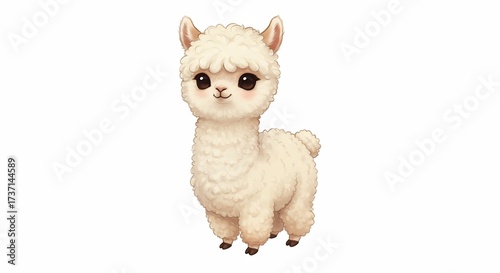 Adorable fluffy baby alpaca digital illustration with charming soft texture on a clean white background. AI Generated