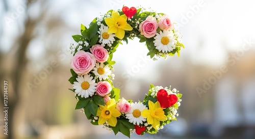 Vibrant floral letter C made of colorful spring flowers and green leaves.