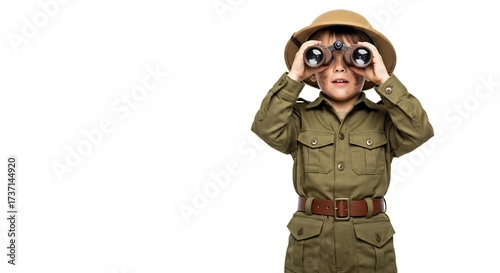 Brightly lit young child in safari outfit gazes intently through binoculars ready for discovery and exploration. AI Generated