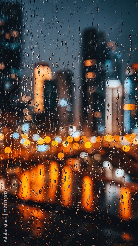 Obraz premium Rainy Night Cityscape View From Window