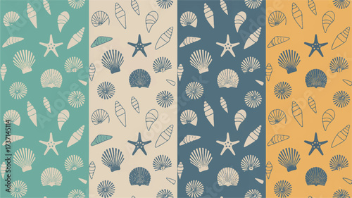 Vector art of seamless pattern of seashells and starfish on a colorful background