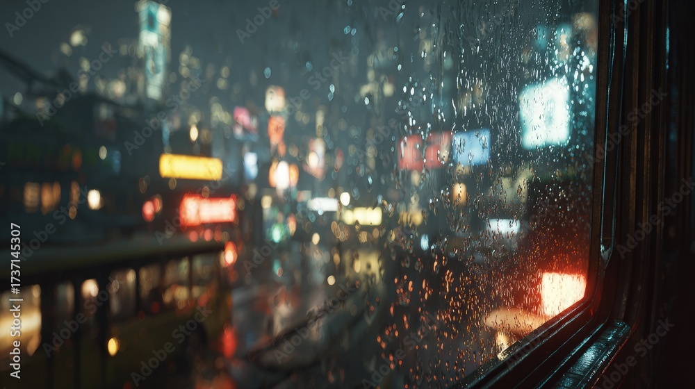 Obraz premium Blurred Cityscape Night View Through Rainy Window