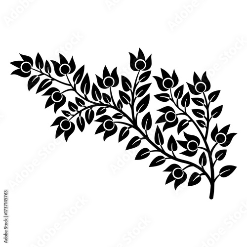 Stylized branch with leaves. Vintage floral design. Black and white silhouette.