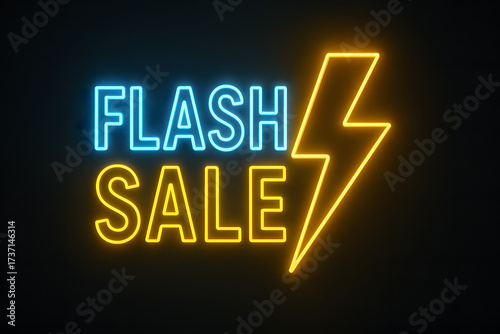 Flash Sale Neon Sign With Lightning Symbol On Dark Black Background