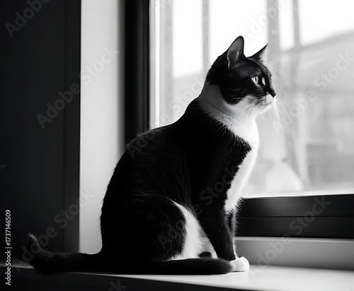 Black and white cat looking out window