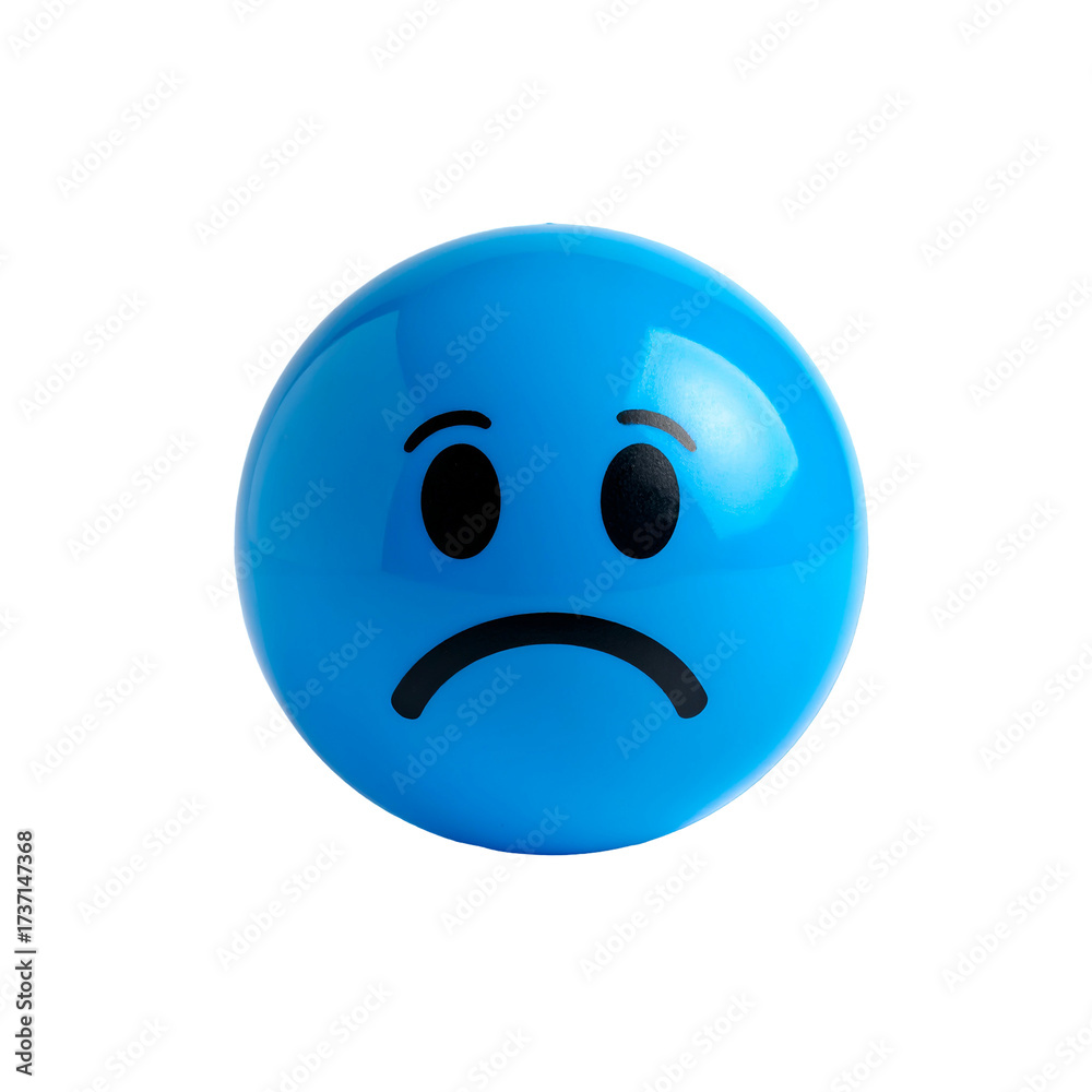 Fototapeta premium A bright blue, spherical object with a sad face expression is centered against a stark black backdrop.
