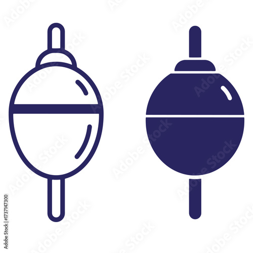 Two vector illustrations depicting classic fishing floats in outline and solid styles