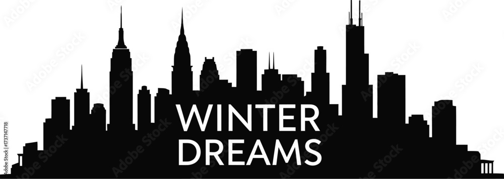 Obraz premium Black skyline silhouette with winter dreams text overlay