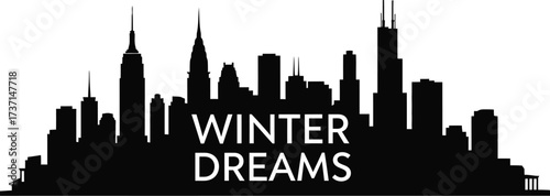 Black skyline silhouette with winter dreams text overlay