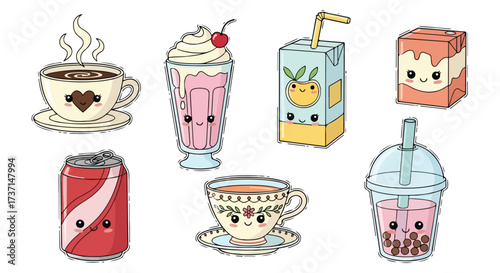 Kawaii Drinks Collection Adorable Cartoon Characters of Coffee Tea Soda Milkshake Juice Box Boba Tea for Food Beverage Marketing