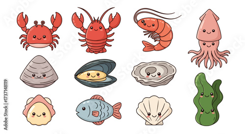 Adorable Kawaii Seafood Collection Cute Crab Lobster Shrimp Squid Clams Oysters Scallops Fish Seaweed for Food Packaging Children s Books and Educational Content