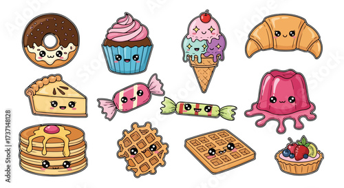 Kawaii Food Stickers Adorable Cartoon Desserts and Pastries with Cute Faces for Digital Art Kids Crafts and Sweet Designs