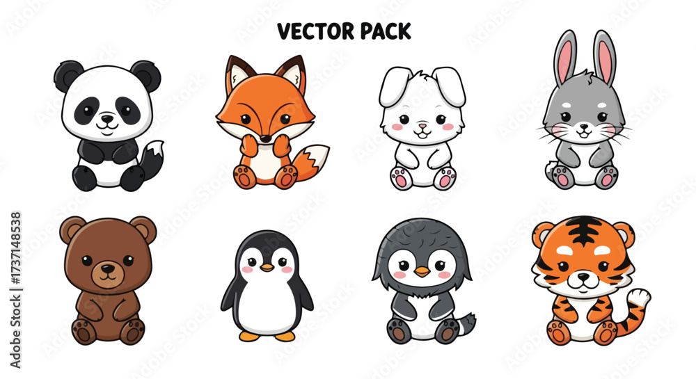 Obraz premium Cute Kawaii Animal Vector Pack Panda Fox Bunny Bear Penguin Tiger Rabbit Illustrations for Kids and Design Projects
