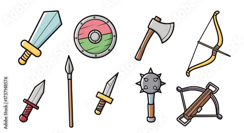 Fantasy Medieval Warrior Weapons Set Sword Shield Axe Bow Spear Mace Dagger Crossbow Cartoon Vector Illustration
