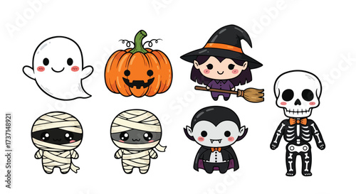 Cute Halloween Characters Collection Ghost Pumpkin Witch Mummy Vampire Skeleton Vector Illustration