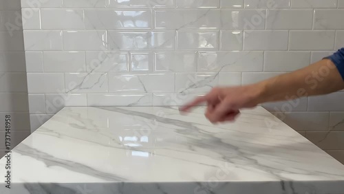 Lustrous Surface of White Marble Table Positioned Against Backdrop of White Ceramic Tiles Illuminated by Gentle Lighting Providing Pristine and Empty Area for Promotional Content and Design Mock-ups