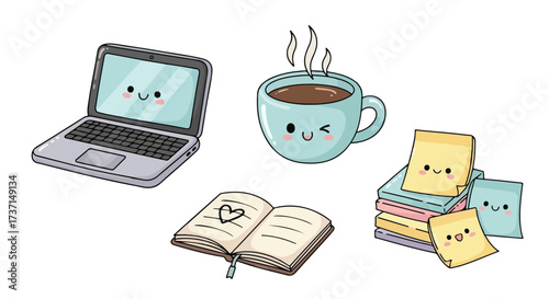 Cute Kawaii Laptop Coffee Book and Sticky Notes Creative Workspace Concept