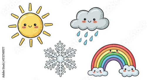 Cute Kawaii Weather Icons Sun Rain Cloud Snowflake and Rainbow with Happy Faces for Children s Designs and Educational Materials