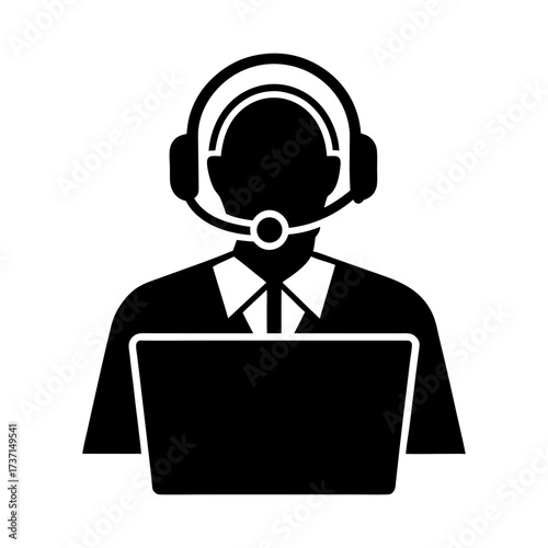 Illustration of a customer service representative with headset and laptop icon art