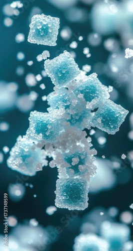 Teal sugar cubes clustered, some frosted