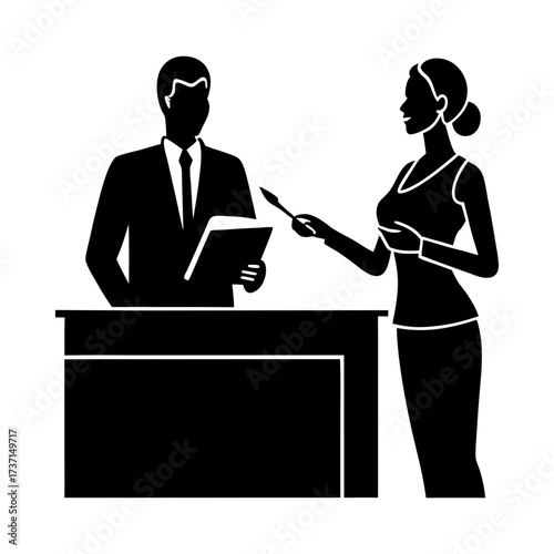 Silhouette illustration of a man and woman at a desk exchanging a pen and document