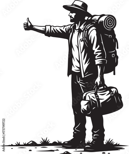 Hitchhiker Thumbs Up Clipart Backpacker and Traveler Silhouette Vector