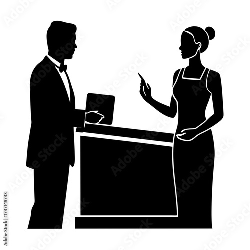 Silhouette of a man in a suit and a woman at a counter with a tablet and phone