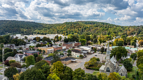 Greene, NY, USA - September 14, 2025 - Afternoon aerial mage of the area surrounding the Village of Greene, Chenango County, NY.
