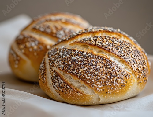 Two round, seeded bread rolls on parchment paper