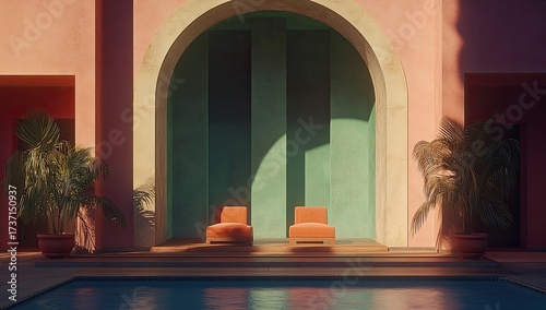 Arched entrance with chairs beside pool, warm colors