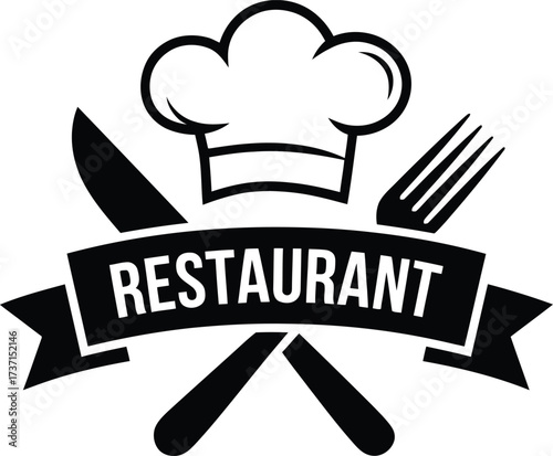 Restaurant logo design featuring chef hat knife fork and ribbon for culinary branding