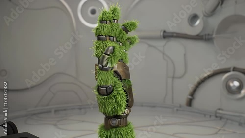 blade of natural vegetation making contact with mechanical appendage over neutral-toned backdrop, symbolizing concepts of biological systems, safeguarding of the natural world, and obligation