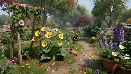 Photorealistic Three-Dimensional Render of Compact Floral Garden Landscape Featuring Various Botanical Elements