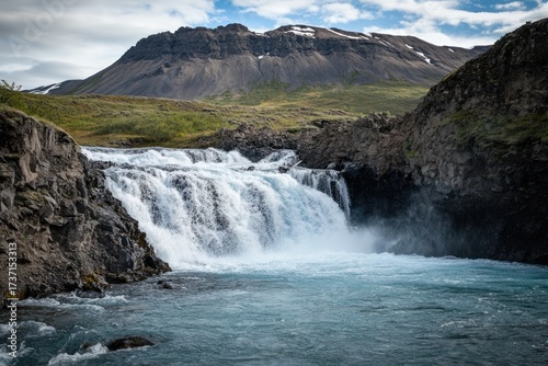 The powerful cascade of water from Iceland's incredible Thjofafoss Waterfall