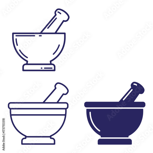Vector illustrations of mortar and pestle sets in diverse styles for culinary or apothecary use