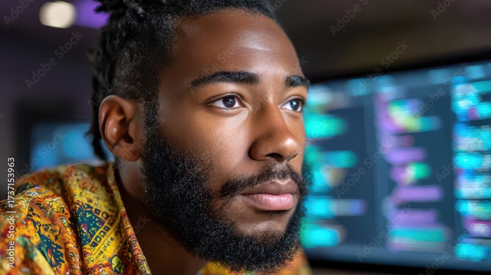 Fototapeta premium Focused Observer: A close-up shot of an Afro-Caribbean man, his intense gaze reflecting deep contemplation, enhanced by the soft glow of a monitor displaying digital data in the background. 