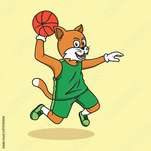 Cute Cartoon Cat Playing Basketball